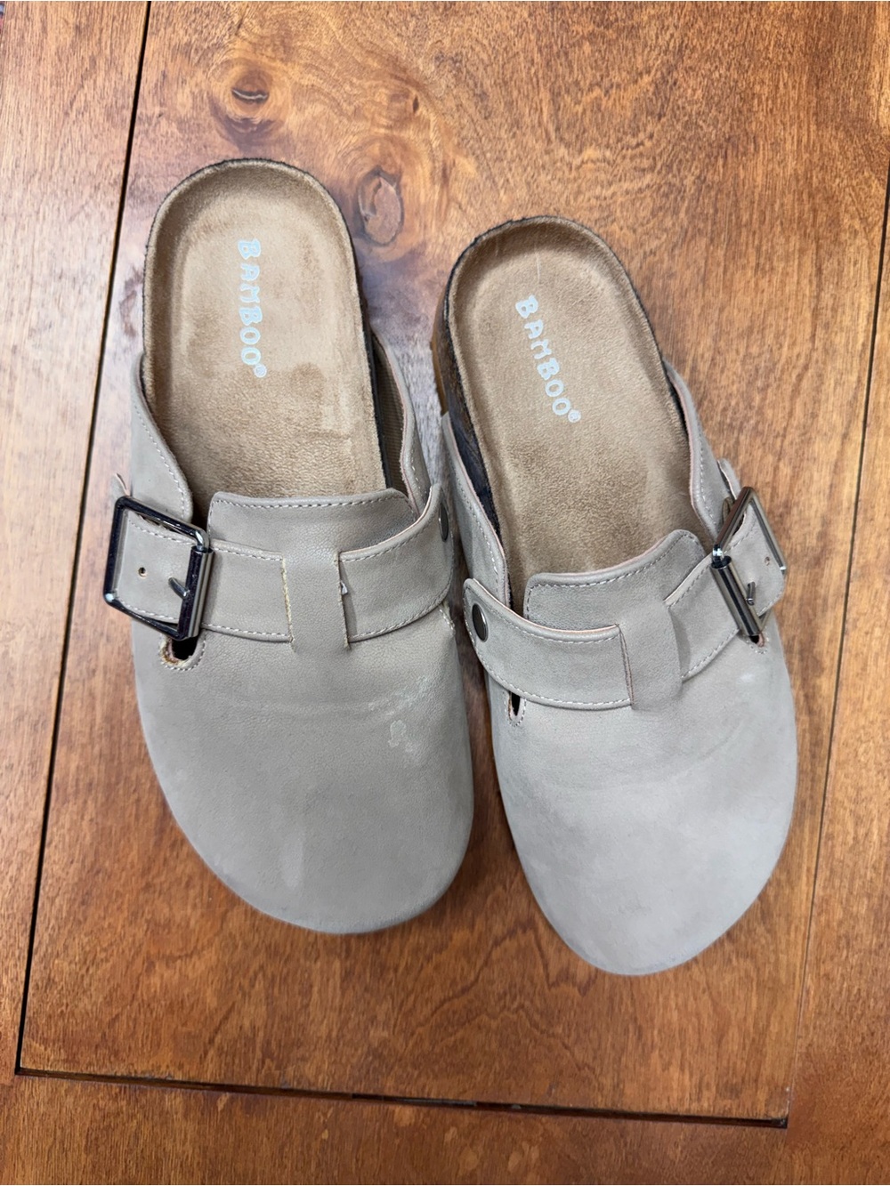 BAMBOO Taupe Suede Slip-On Clogs with Buckle Detail